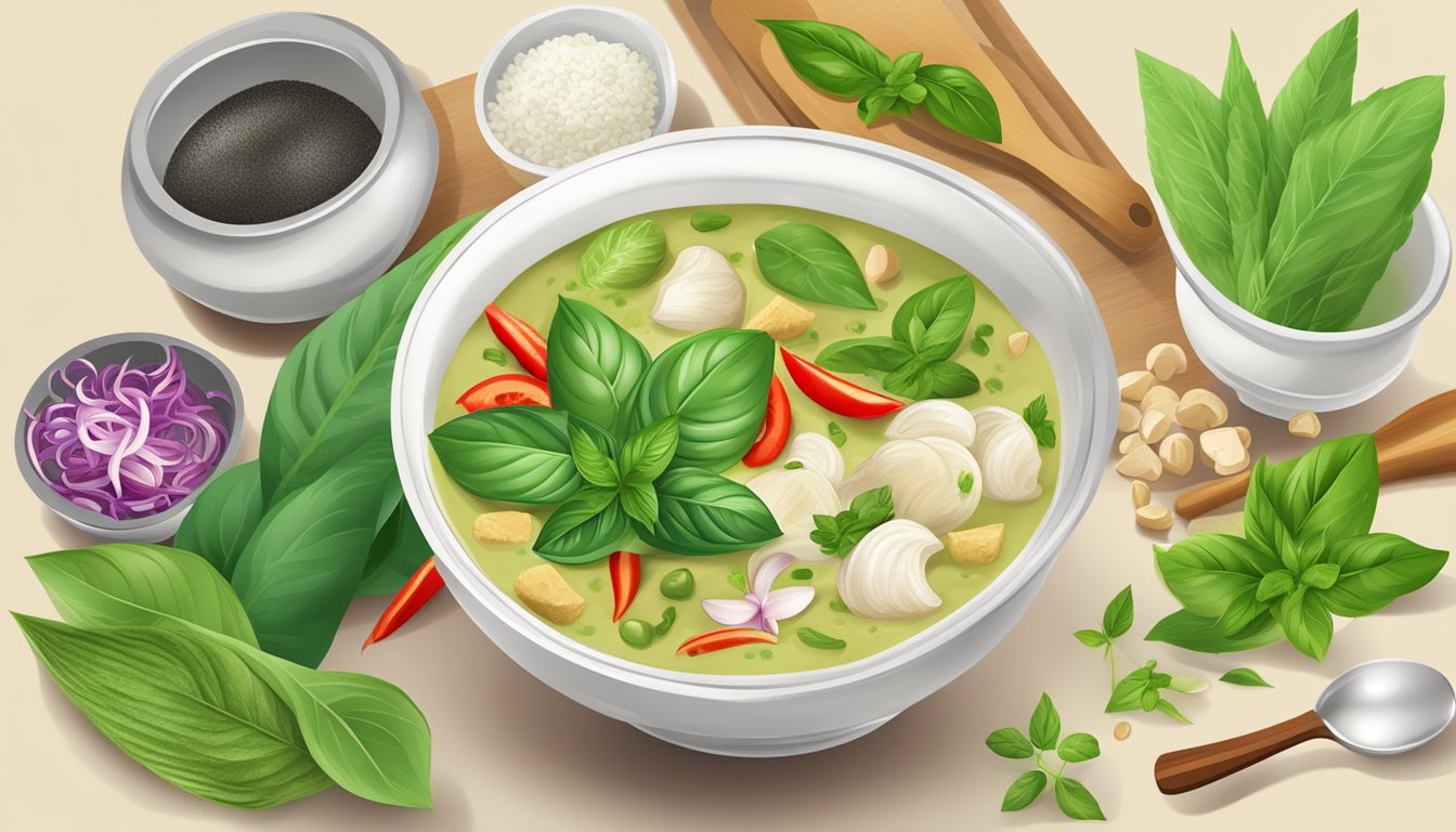 A steaming bowl of Thai green curry with basil surrounded by vibrant, fresh ingredients and traditional cooking utensils