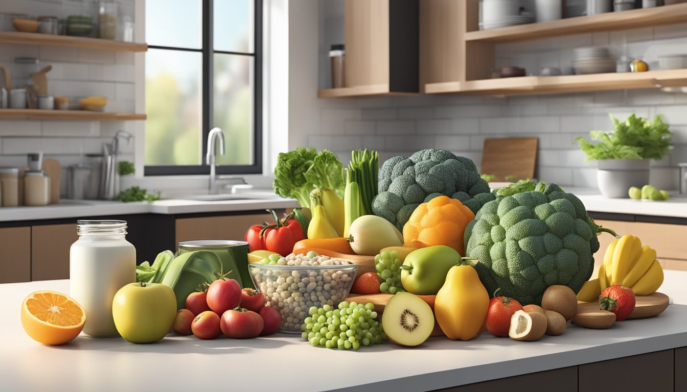 A colorful array of fresh fruits, vegetables, lean proteins, and whole grains arranged on a clean, modern kitchen counter