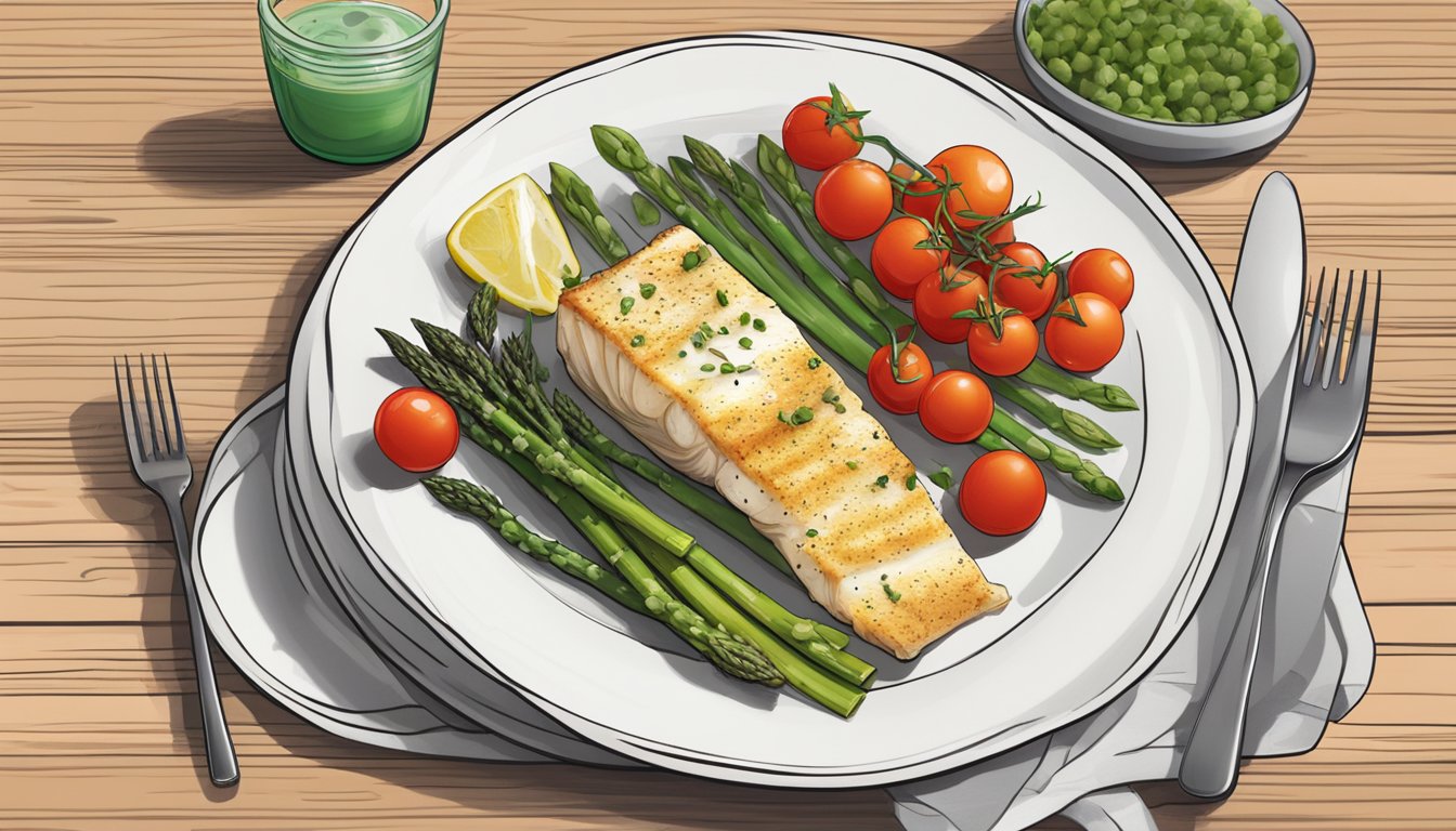 A plate with baked cod, asparagus, and cherry tomatoes, accompanied by portion-controlled diabetic meal plans and visual guides