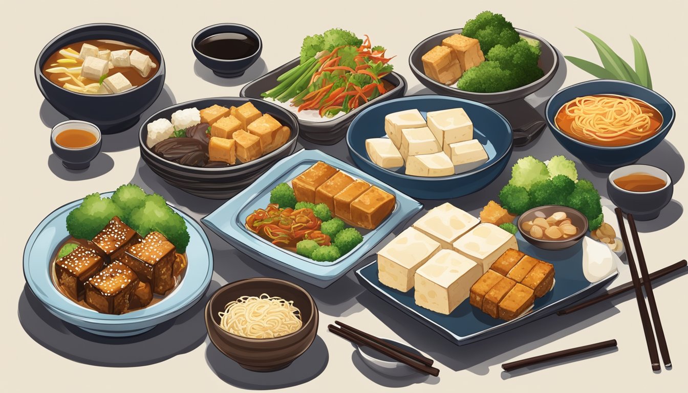 A table set with a traditional Japanese meal of tofu teriyaki, accompanied by various cultural cuisine dishes, adapted for diabetics