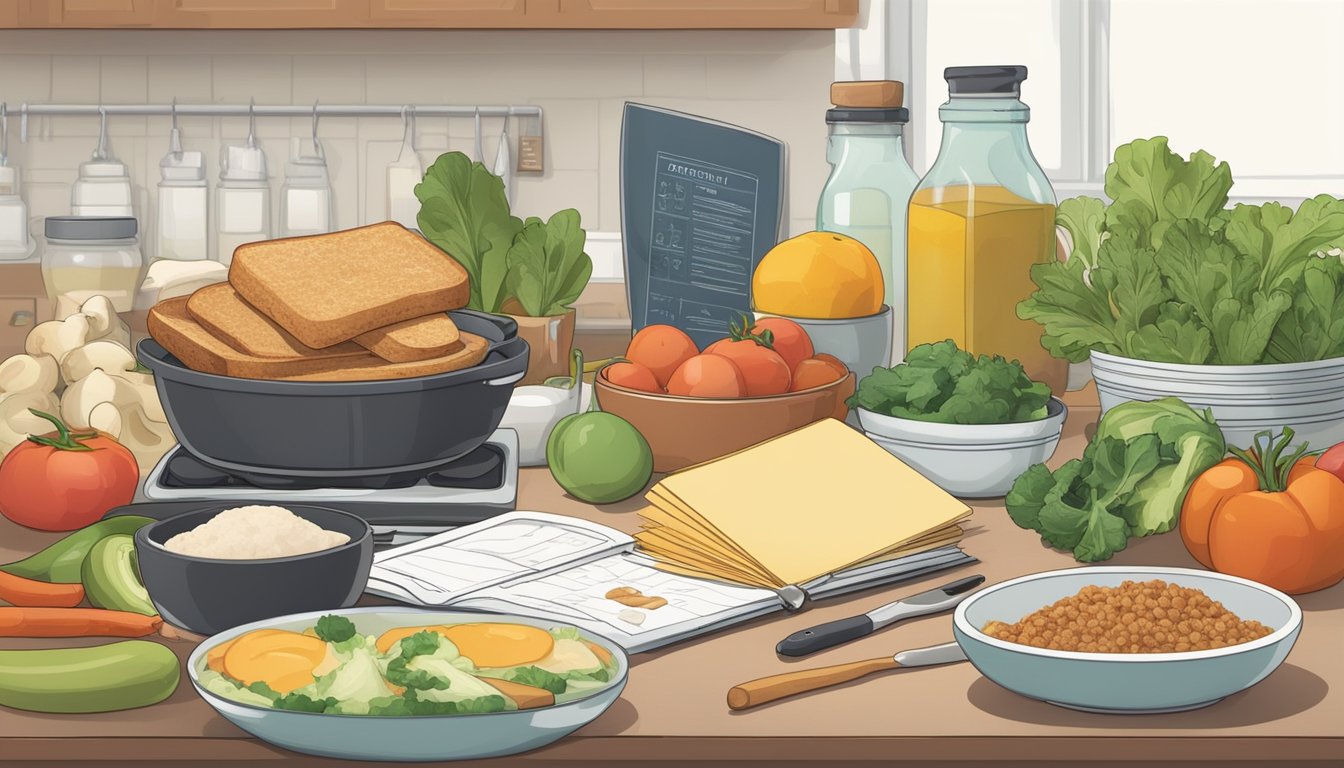 A kitchen counter with various ingredients and cooking utensils, alongside a stack of meal plan books, representing flexibility and adaptation for diabetic dietary needs