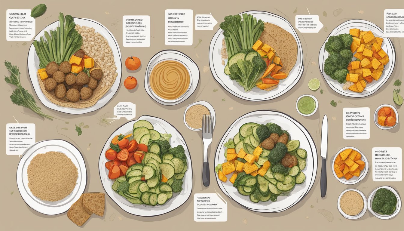 A colorful array of roasted vegetables arranged on a whole wheat wrap, surrounded by six portion-controlled meal plans with visual guides