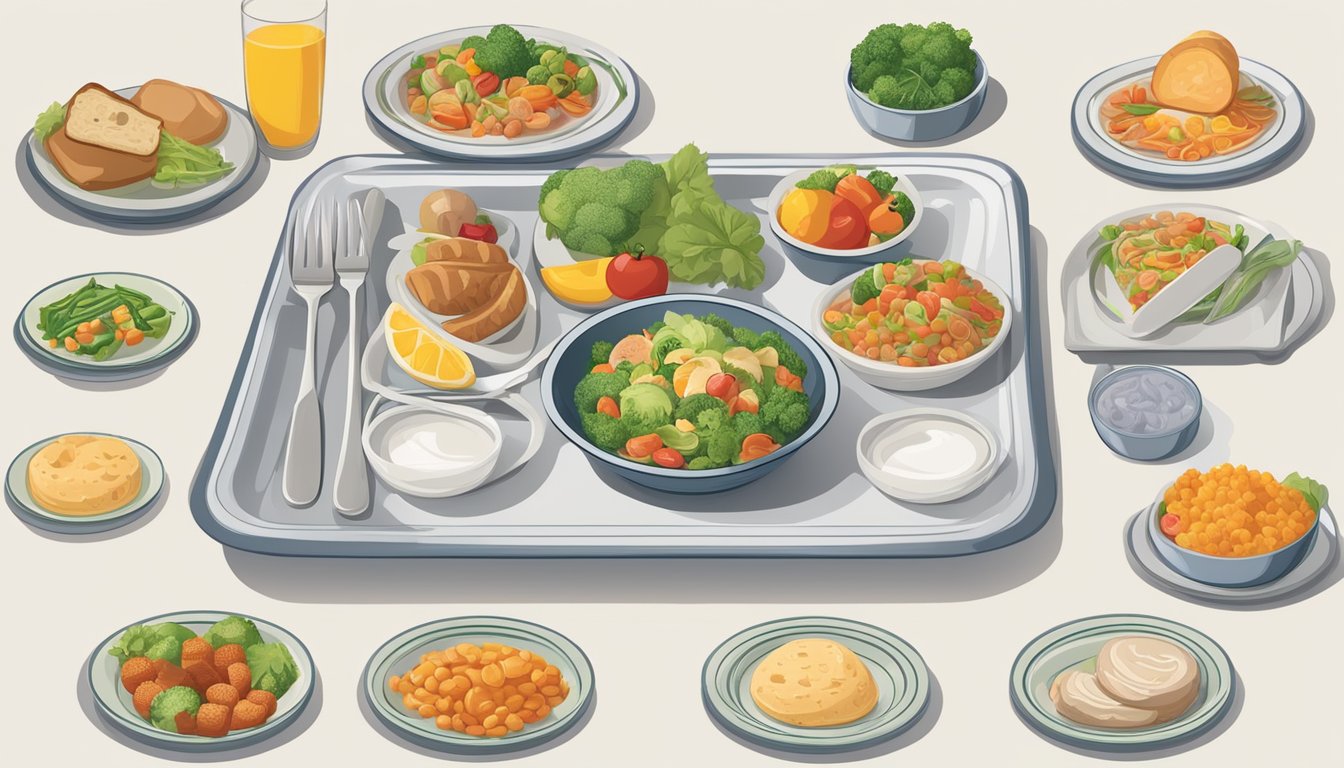 A table set with six portion-controlled meal plates, each with a balanced mix of food groups, accompanied by visual guides depicting portion sizes