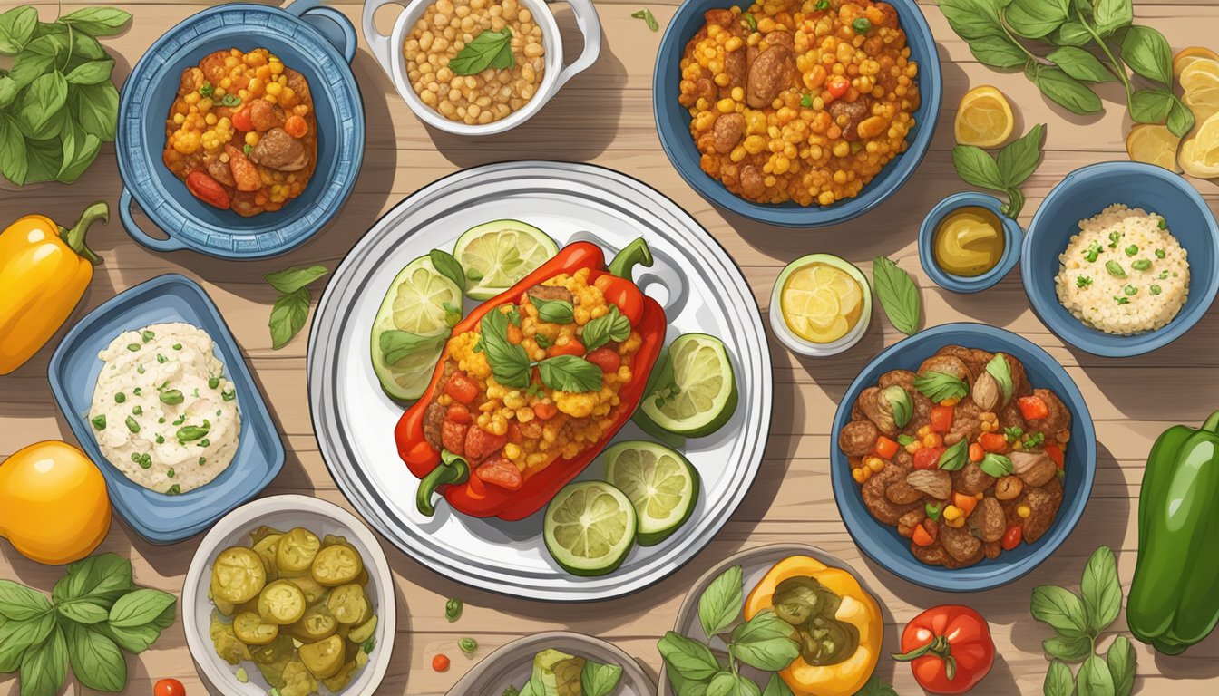 A table set with Greek stuffed bell peppers, surrounded by Mediterranean ingredients and diabetic-friendly meal plans