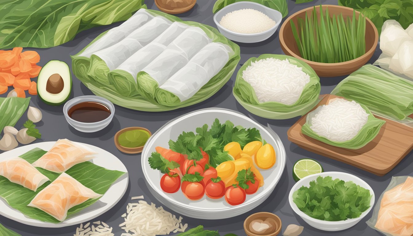 A table set with a variety of fresh ingredients and rice paper wrappers, ready to be assembled into Vietnamese fresh spring rolls