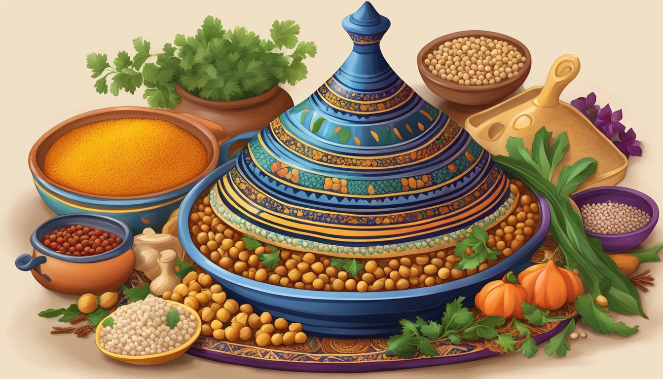 A colorful tagine dish filled with quinoa, chickpeas, vegetables, and Moroccan spices, surrounded by vibrant cultural elements