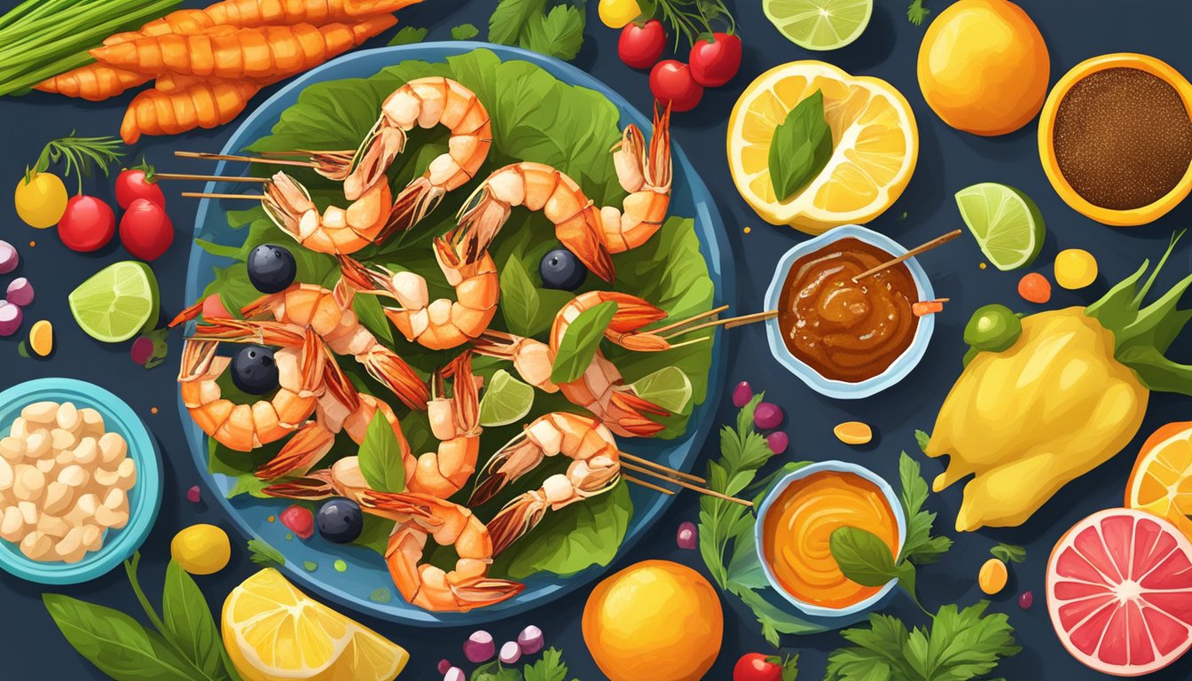 Grilled shrimp skewers with Caribbean spices on a vibrant platter, surrounded by colorful fruits and vegetables