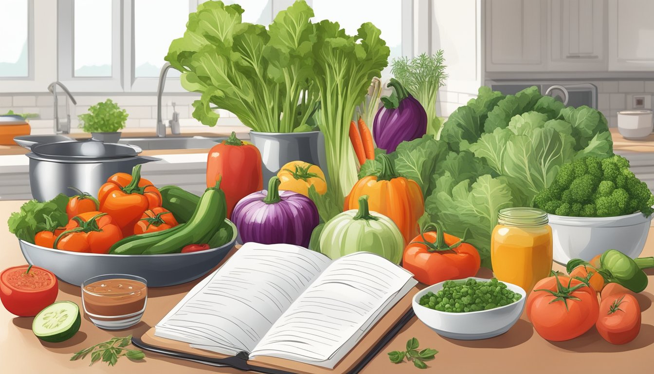 A colorful array of fresh vegetables and herbs arranged on a kitchen counter, with a bowl of Spanish gazpacho and a diabetic-friendly meal plan book nearby