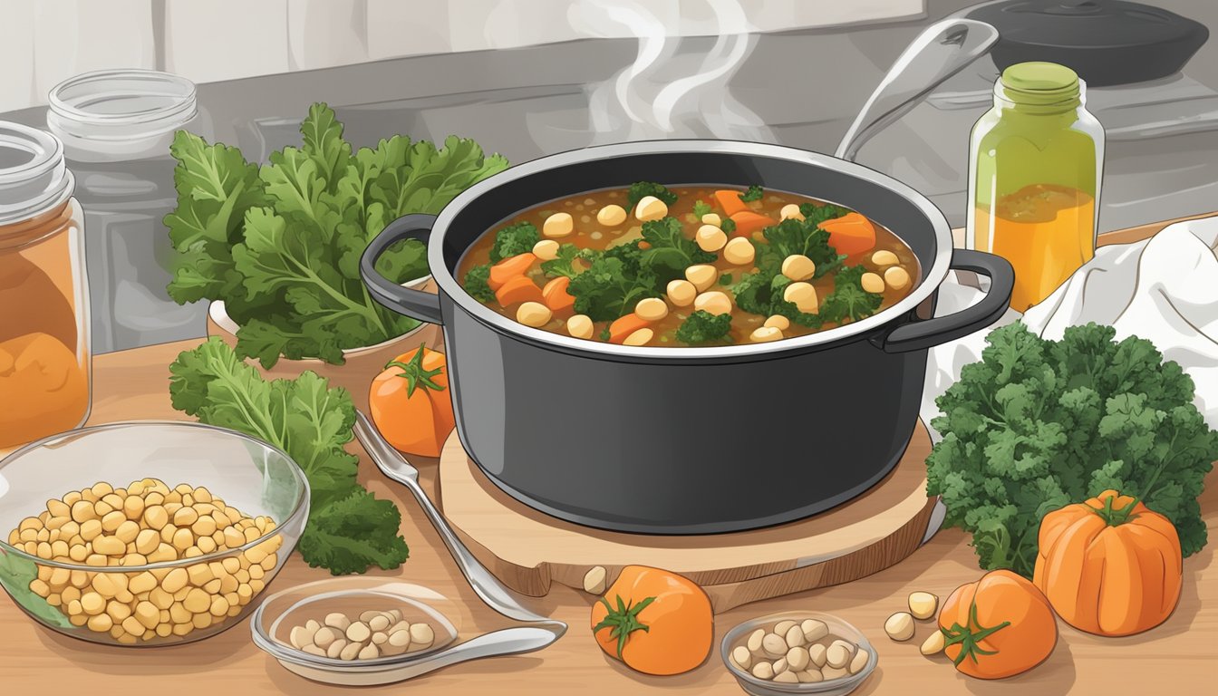 A steaming pot of chickpea and kale stew surrounded by fresh ingredients and a heart-healthy meal plan for diabetics