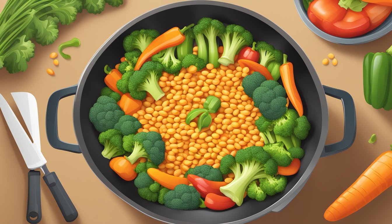 A colorful array of lentils, carrots, bell peppers, and broccoli sizzling in a wok, emitting fragrant steam