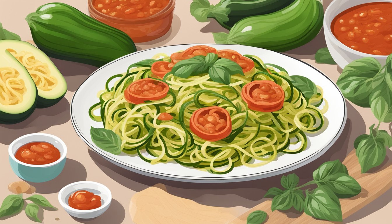 A colorful plate of zucchini noodles topped with marinara sauce, surrounded by traditional Italian ingredients