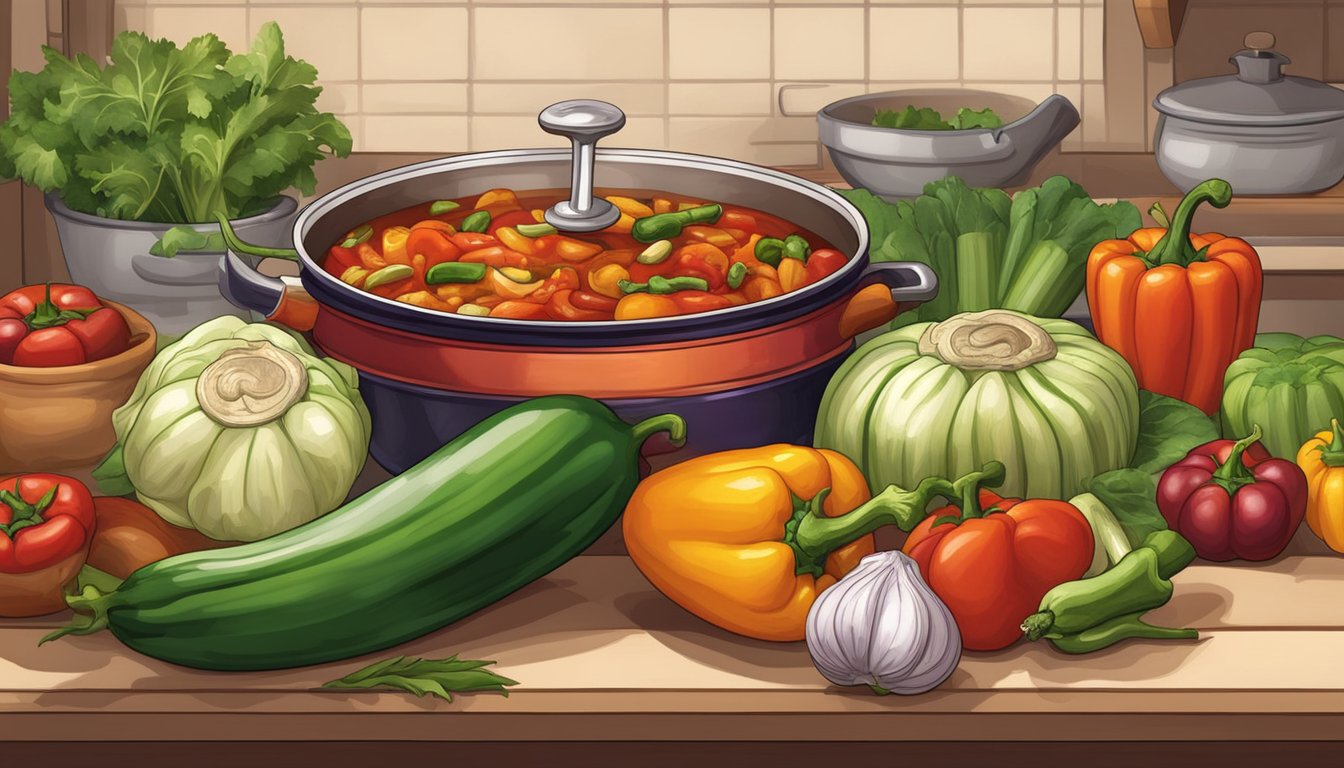 A colorful array of vegetables, including eggplant, zucchini, and bell peppers, simmering in a rich tomato sauce in a traditional French kitchen