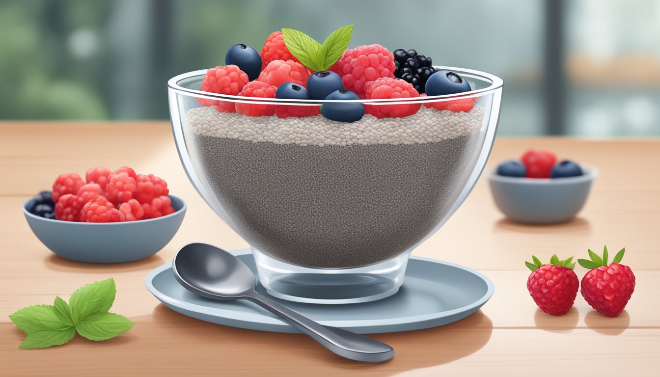 A clear glass bowl filled with chia seed pudding topped with fresh, vibrant berries. A stack of heart-healthy meal plans for diabetics sits nearby