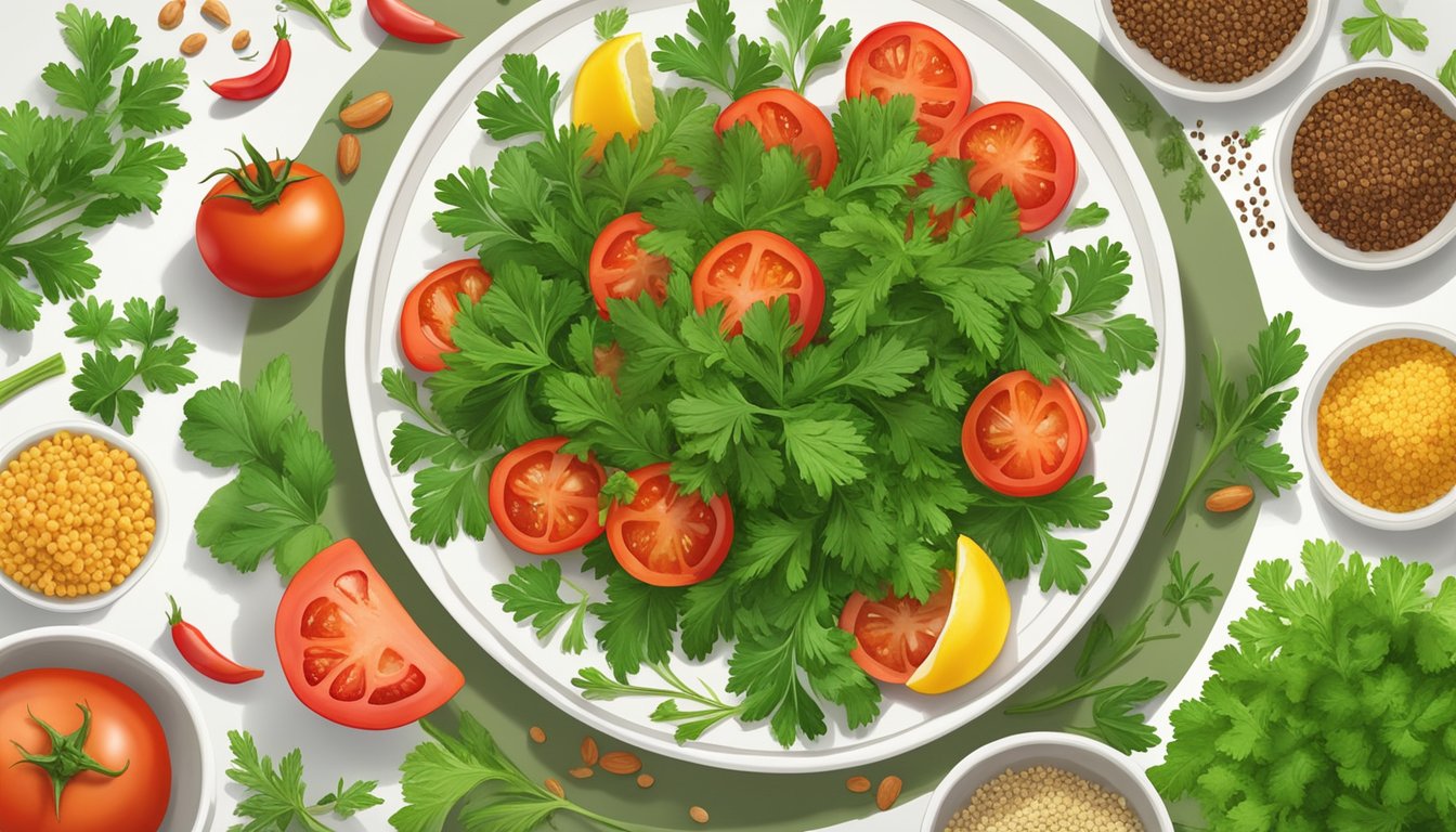 A colorful array of fresh parsley, tomatoes, and bulgur arranged on a plate, surrounded by vibrant Lebanese spices and herbs