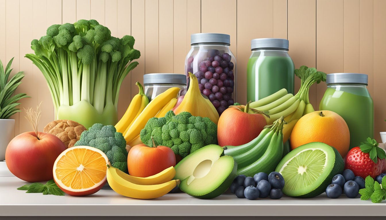 A colorful array of fresh fruits, vegetables, whole grains, lean proteins, and healthy fats arranged on a clean, modern kitchen countertop