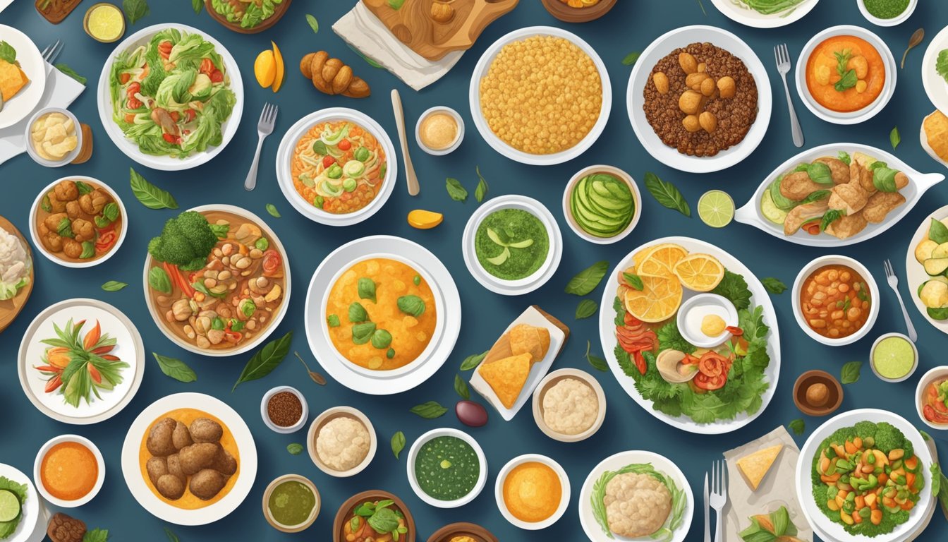 A table set with 15 diverse cultural dishes, each carefully crafted to meet the dietary needs of diabetics, showcasing the intersection of food and health