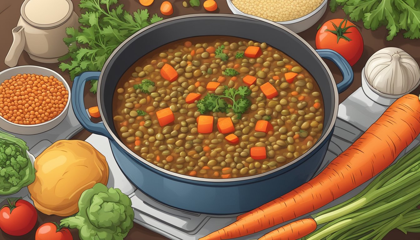 A pot of lentil and vegetable stew simmering on a stovetop, surrounded by colorful, fresh ingredients like carrots, celery, and tomatoes