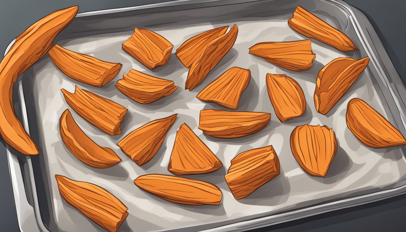 A baking sheet with sweet potato fries arranged in a single layer, ready to be placed in the oven