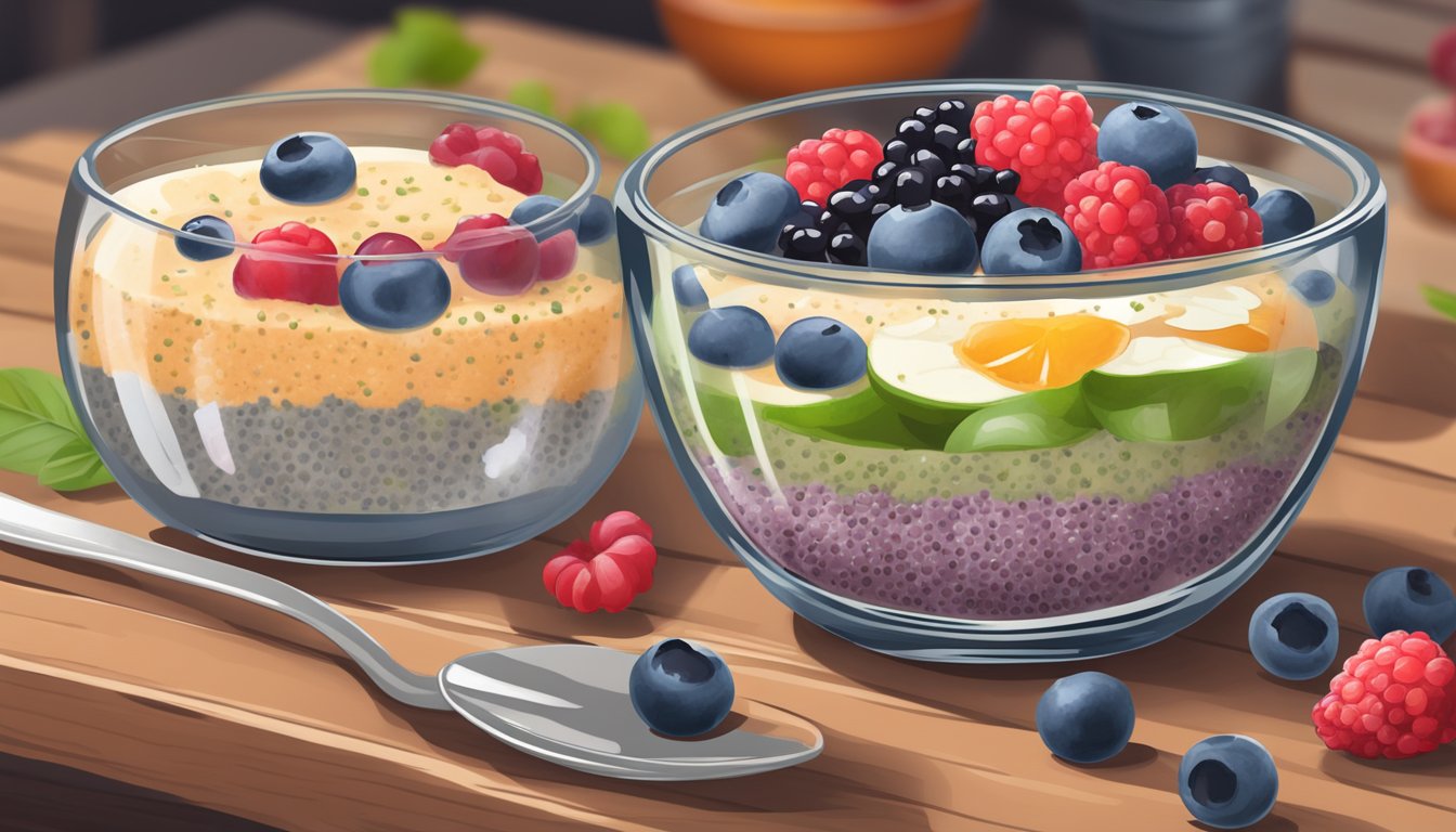 A glass bowl of chia seed pudding topped with fresh berries on a wooden table surrounded by 12 meal plans