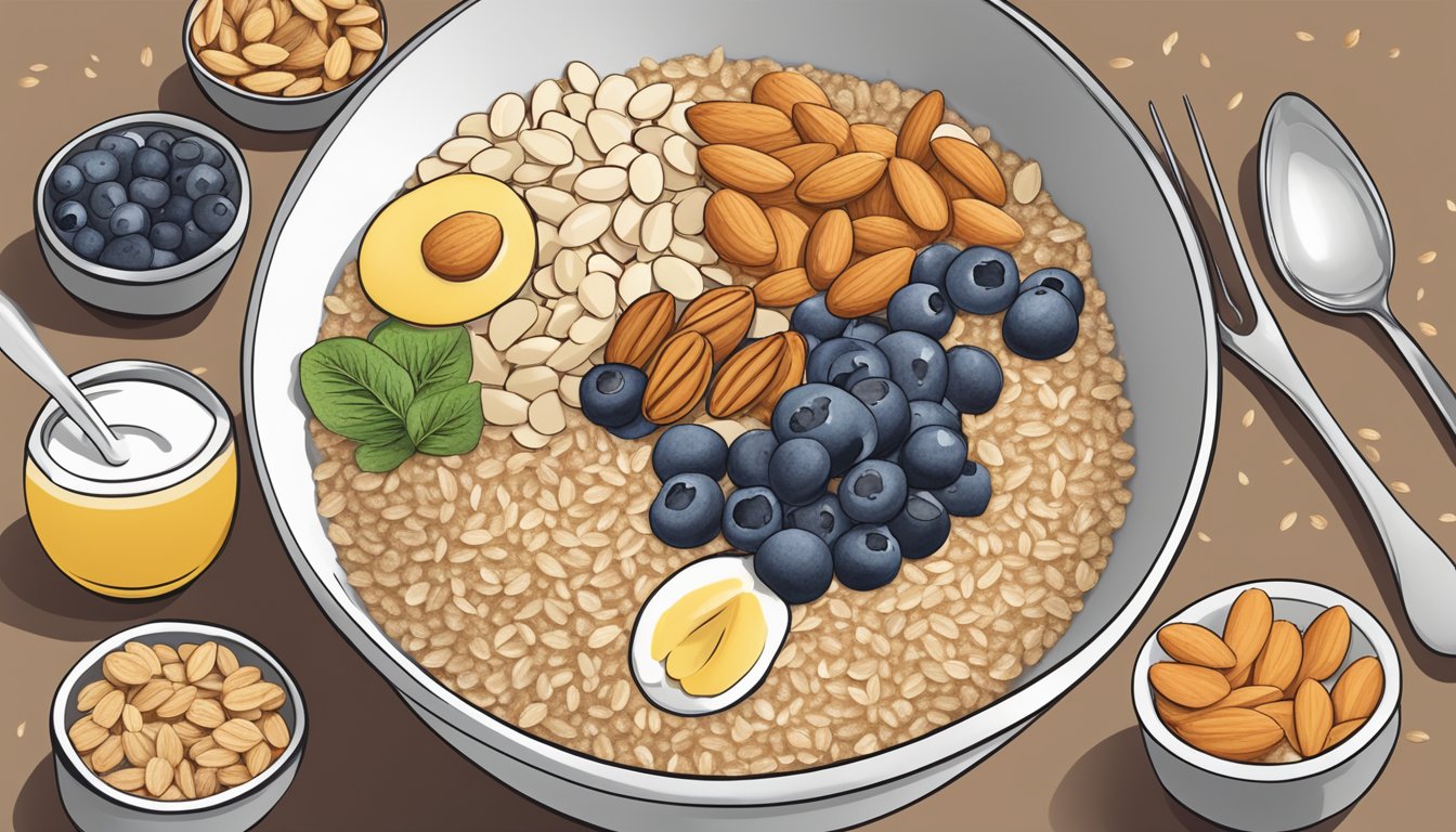 A bowl of steel-cut oats topped with sliced almonds, surrounded by 12 low-glycemic index meal plans