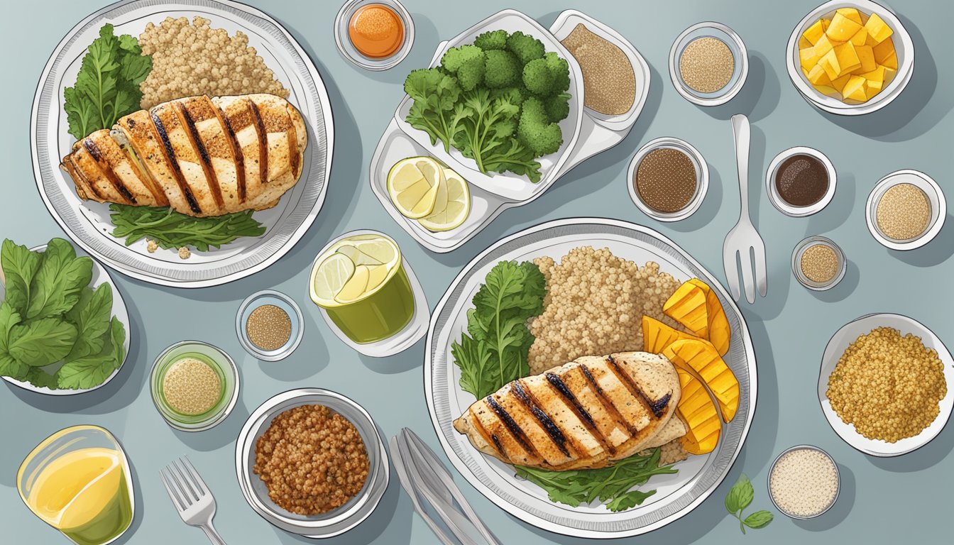 A plate of grilled chicken breast with quinoa, surrounded by 12 low-glycemic index meal plans