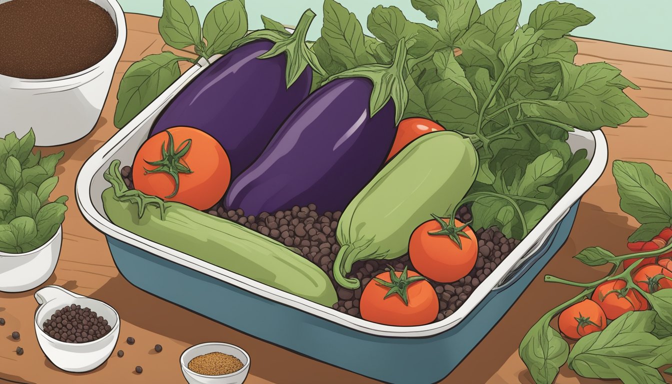 Fresh eggplants and ripe tomatoes arranged in a baking dish, surrounded by vibrant herbs and spices. A cookbook titled "12 Low-Glycemic Index Meal Plans for Steady Blood Sugar" sits nearby