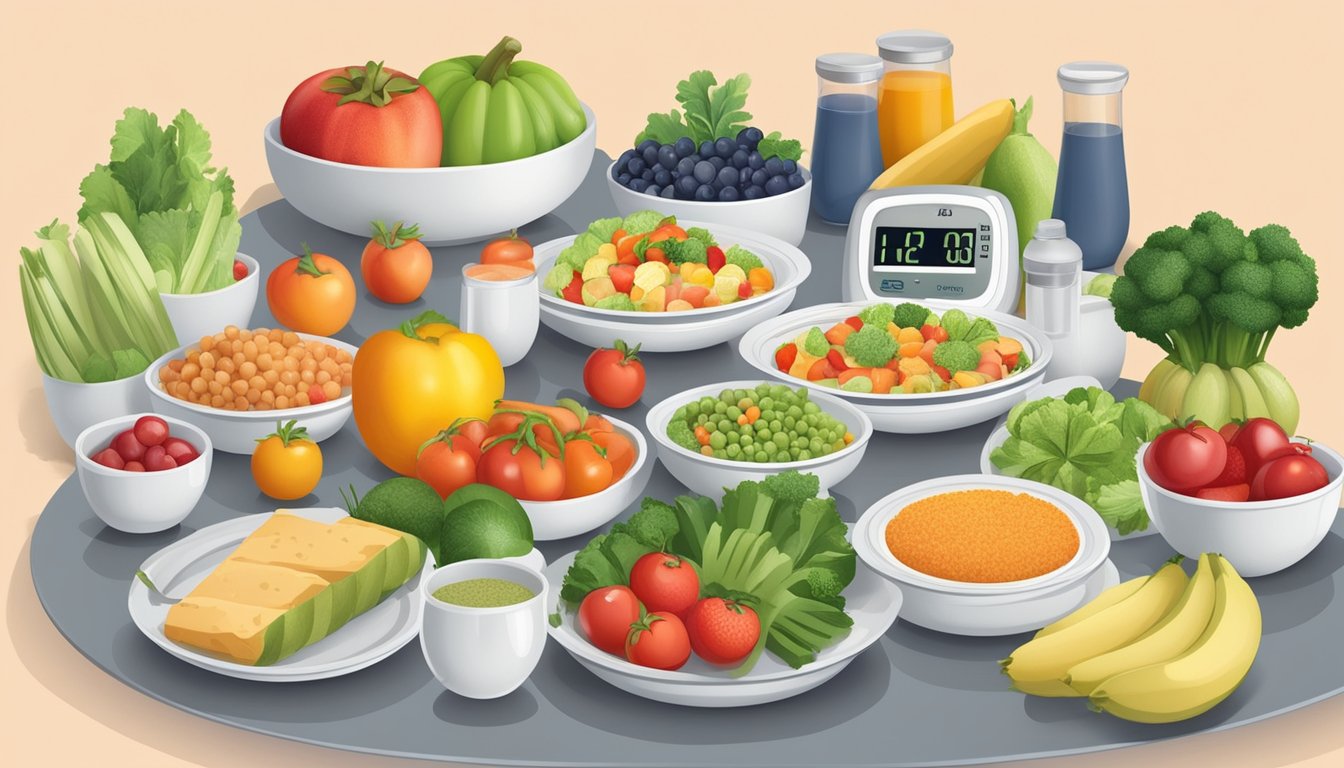 A table set with 12 plates of low-glycemic index meals, surrounded by fresh fruits and vegetables, with a blood sugar monitor nearby