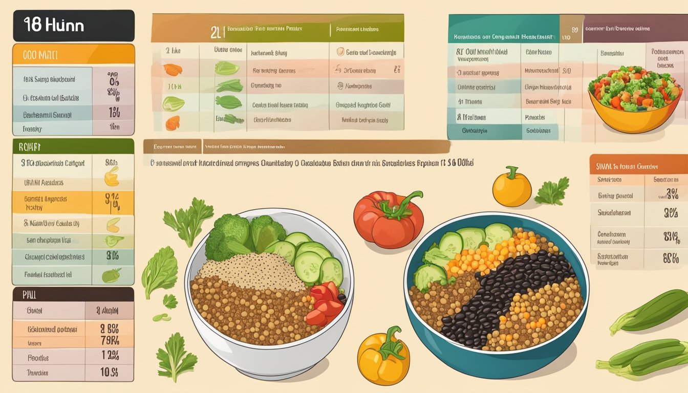 A colorful bowl filled with quinoa, black beans, and fresh vegetables, surrounded by kidney-friendly diabetic meal plan charts