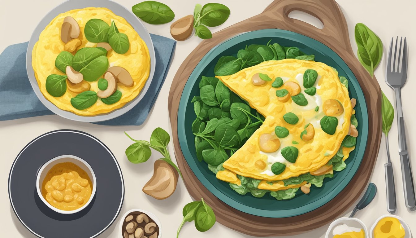 A colorful omelet with spinach and mushrooms surrounded by kidney-friendly diabetic meal plans