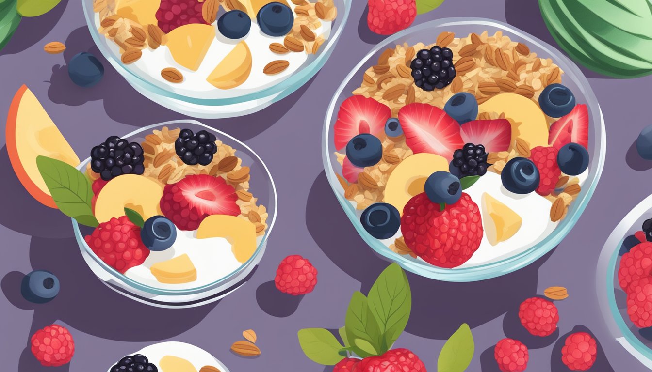 A glass bowl filled with layers of vibrant berries, creamy Greek yogurt, and crunchy granola, surrounded by fresh fruit and a diabetic meal plan booklet