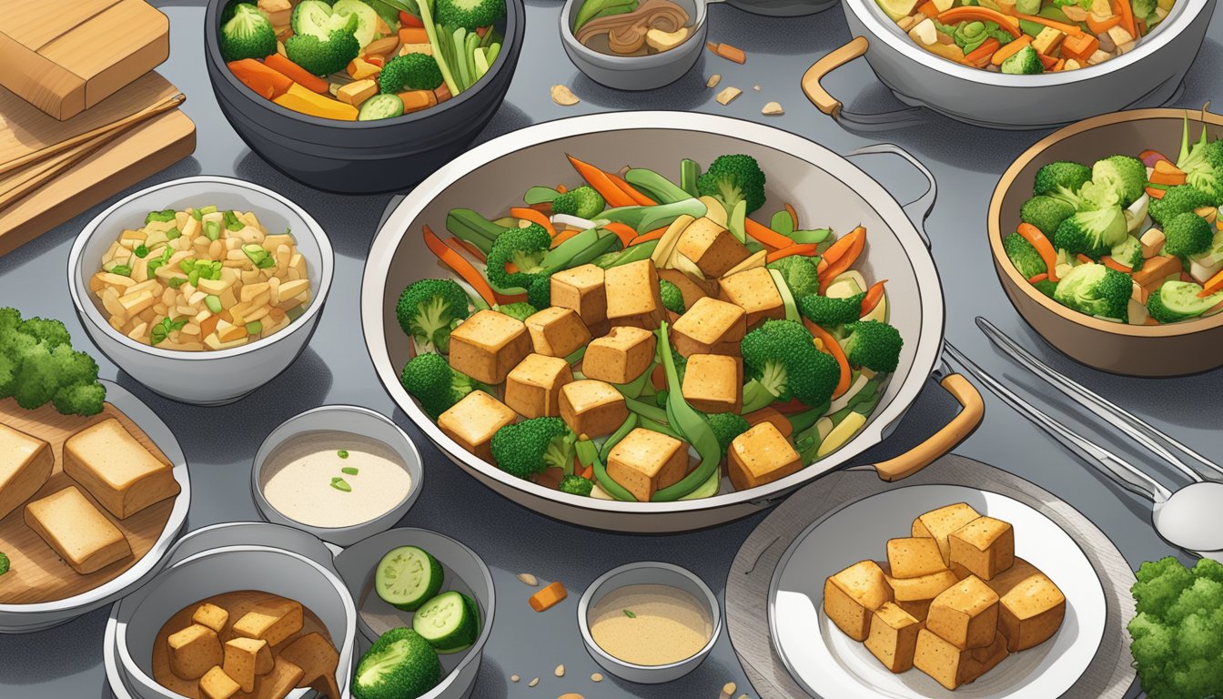 A colorful stir-fry of tofu and mixed vegetables sizzling in a wok, surrounded by kidney-friendly diabetic meal plans