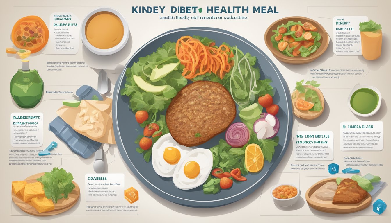 A table set with kidney-friendly diabetic meal options, surrounded by informational posters on kidney health for diabetics