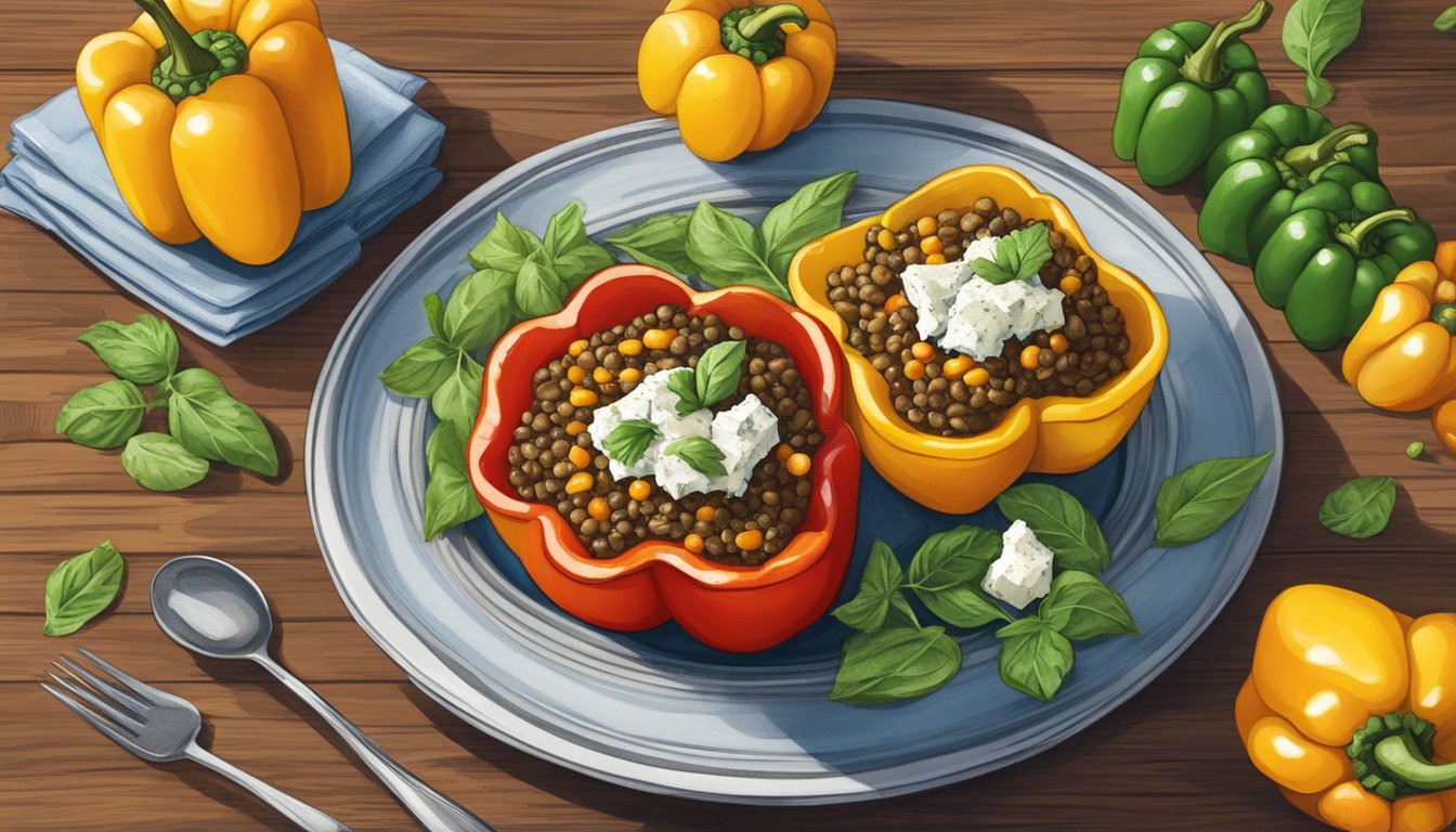 A colorful array of stuffed peppers, filled with lentils and feta, arranged on a rustic Mediterranean-inspired table setting