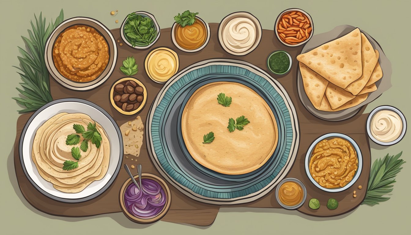 A table set with a whole wheat pita spread with hummus, surrounded by Mediterranean-inspired diabetic meal ingredients