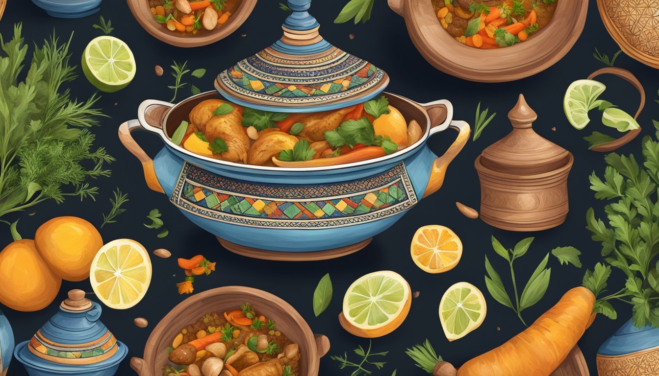 A colorful tagine pot filled with aromatic Moroccan-style chicken and vegetables, surrounded by Mediterranean-inspired herbs and spices