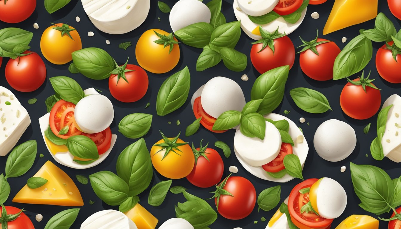 A vibrant Caprese salad with fresh basil, ripe tomatoes, and creamy mozzarella, surrounded by colorful Mediterranean-inspired ingredients