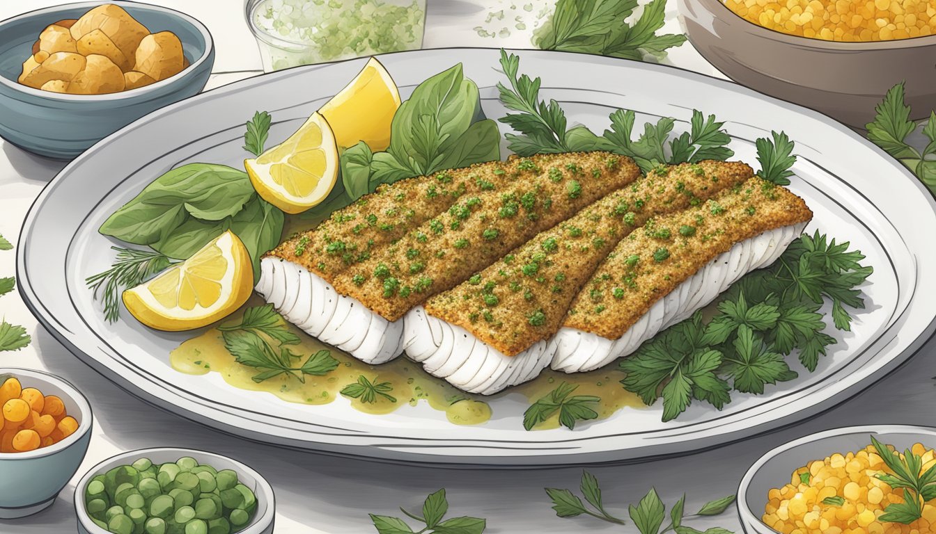 A plate of herb-crusted cod fillets surrounded by Mediterranean-inspired diabetic meal ingredients