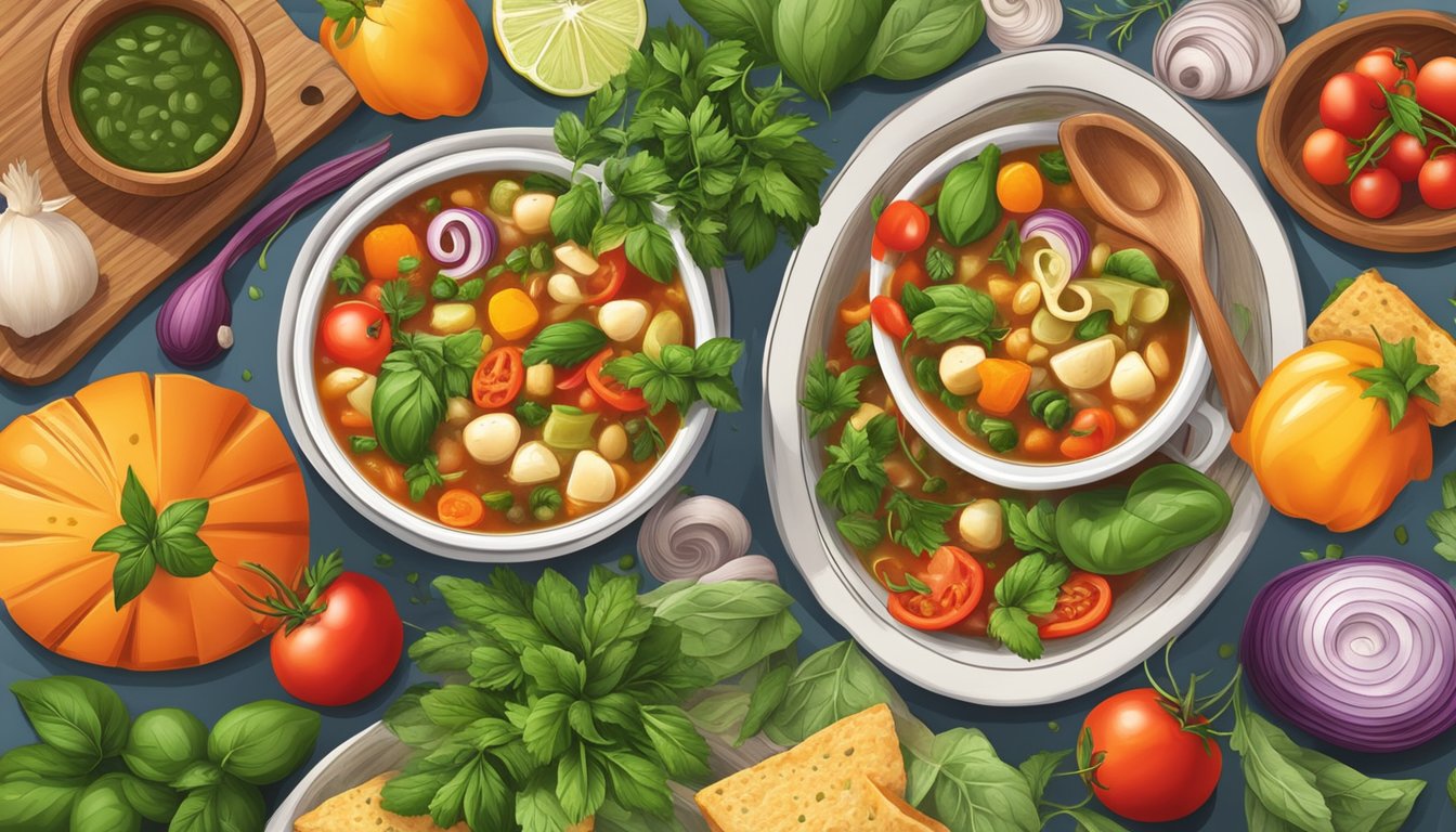 A steaming bowl of minestrone soup surrounded by colorful Mediterranean-inspired ingredients and herbs