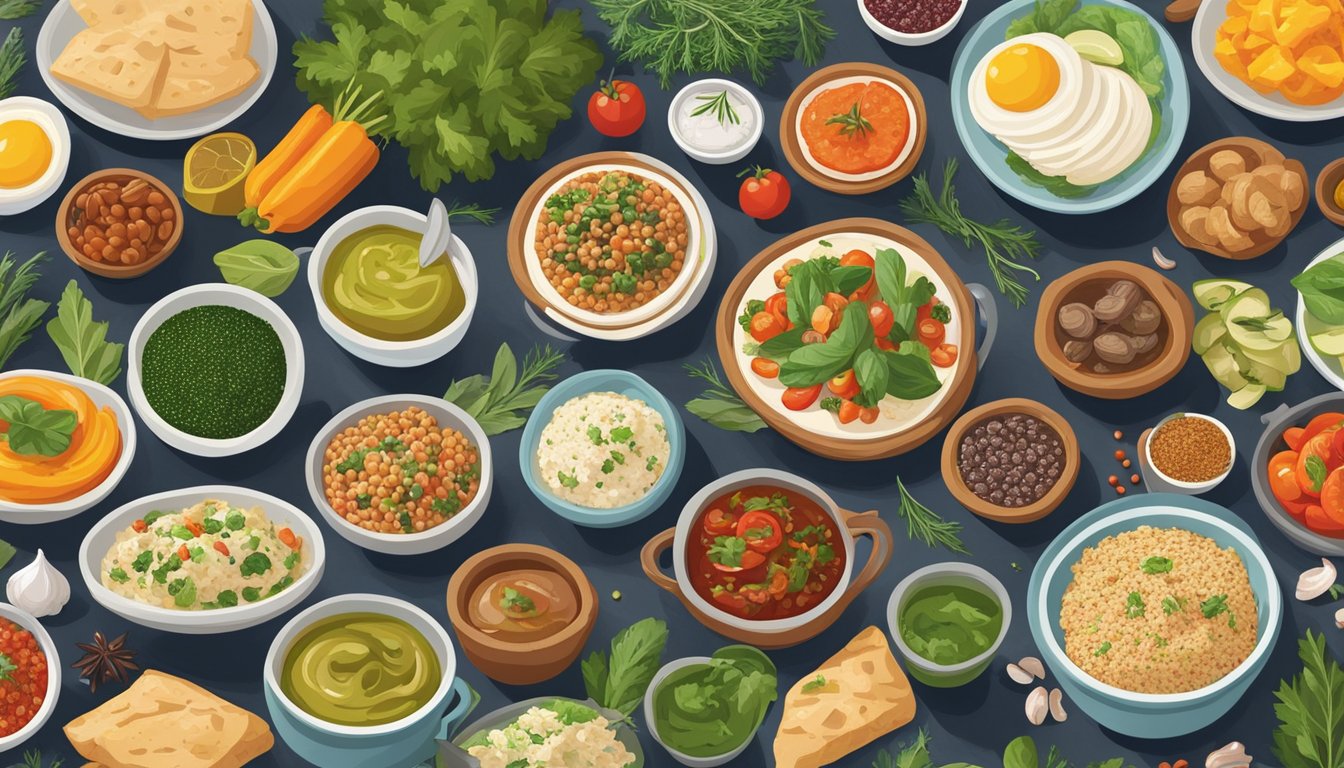 A colorful array of Mediterranean-inspired dishes arranged on a table, including fresh vegetables, lean proteins, and whole grains. A variety of herbs and spices add flavor to the nutritious meal options