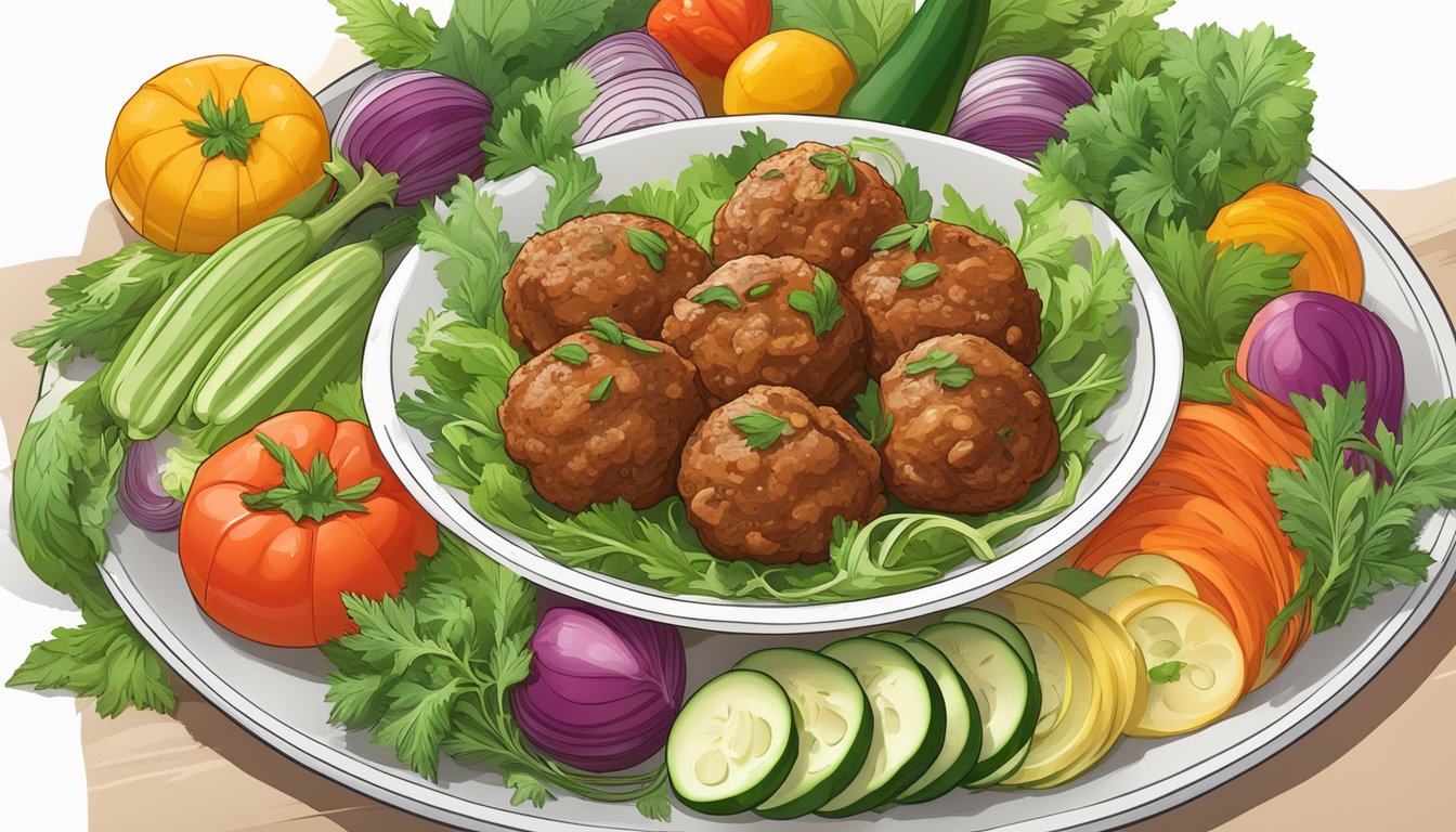 A plate of turkey and zucchini meatballs surrounded by colorful vegetables and herbs