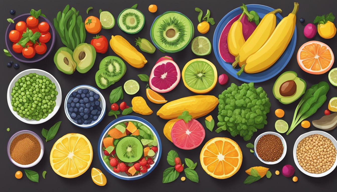 A colorful array of fresh fruits, vegetables, grains, and legumes arranged on a table, with a variety of vegan diabetic meal plans displayed in vibrant, appetizing dishes