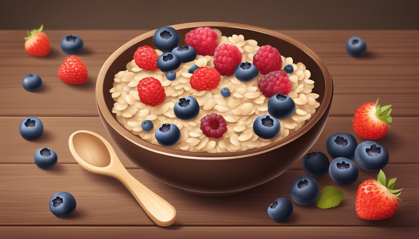 A bowl of oatmeal topped with assorted berries on a wooden table