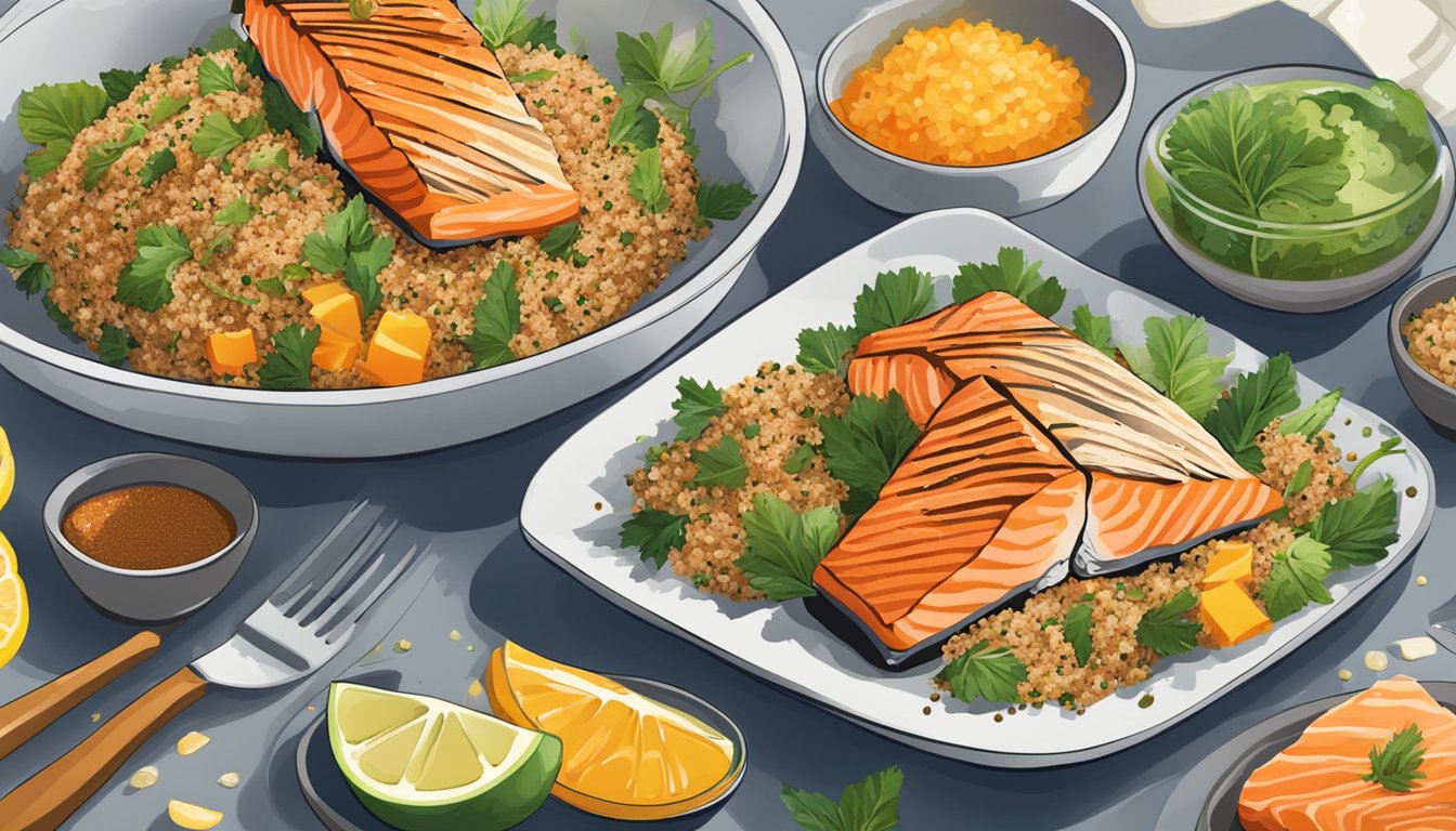 A plate of grilled salmon with quinoa, surrounded by vibrant, nutrient-rich ingredients