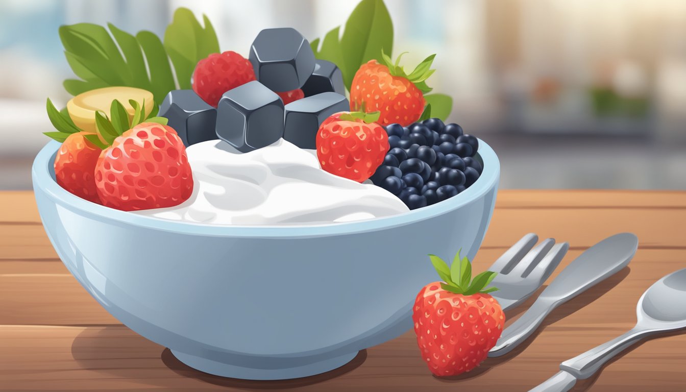 A bowl of Greek yogurt topped with fresh berries sits on a wooden table next to a stack of meal plans and a set of dumbbells