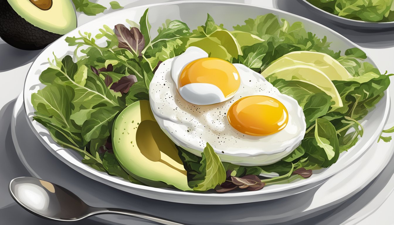 A breakfast bowl with sliced avocado, poached egg, and mixed greens arranged on a white ceramic plate