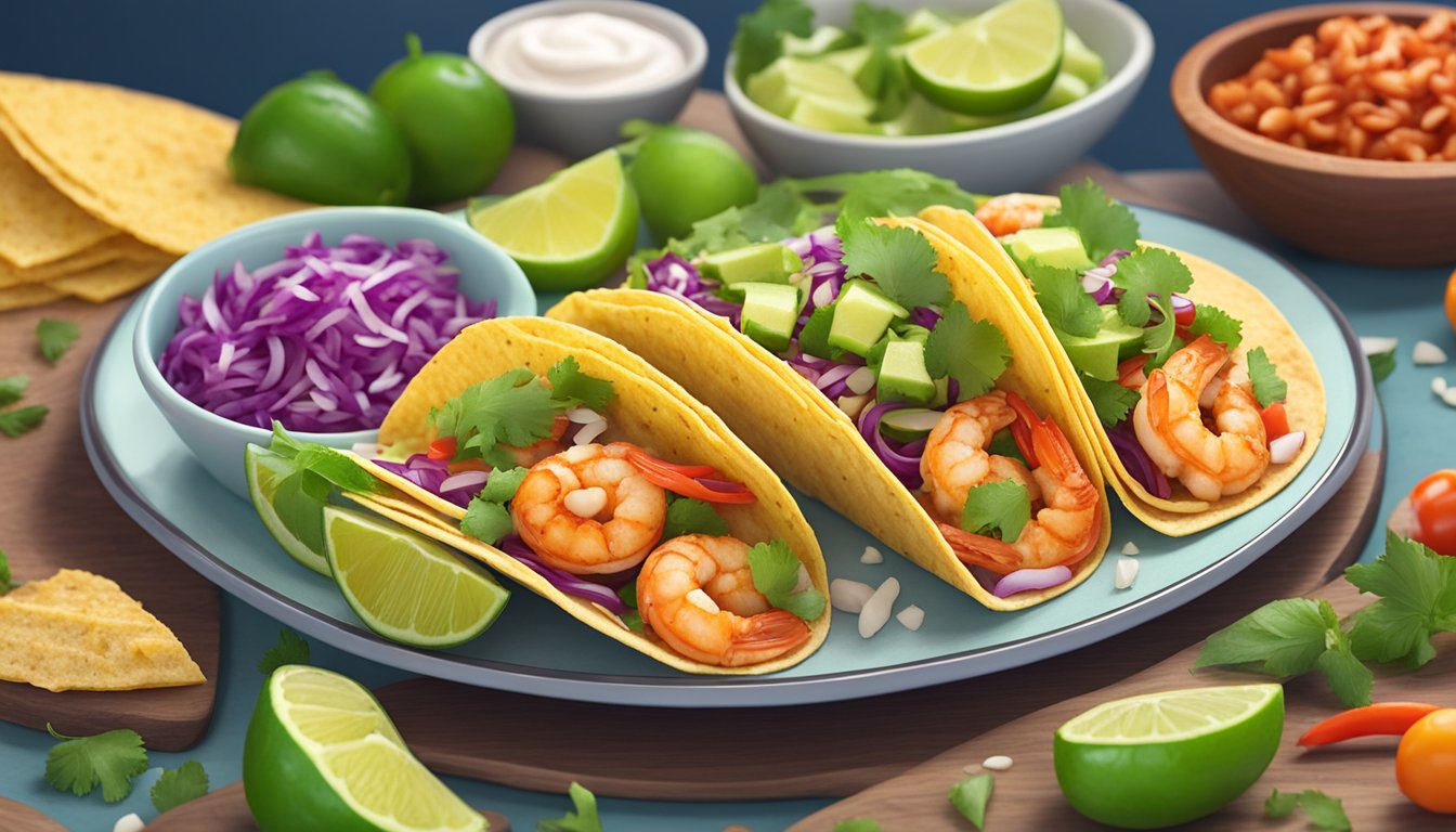 A colorful plate of chili lime shrimp tacos surrounded by vibrant, fresh ingredients, with a stack of high-protein diabetic meal plans in the background