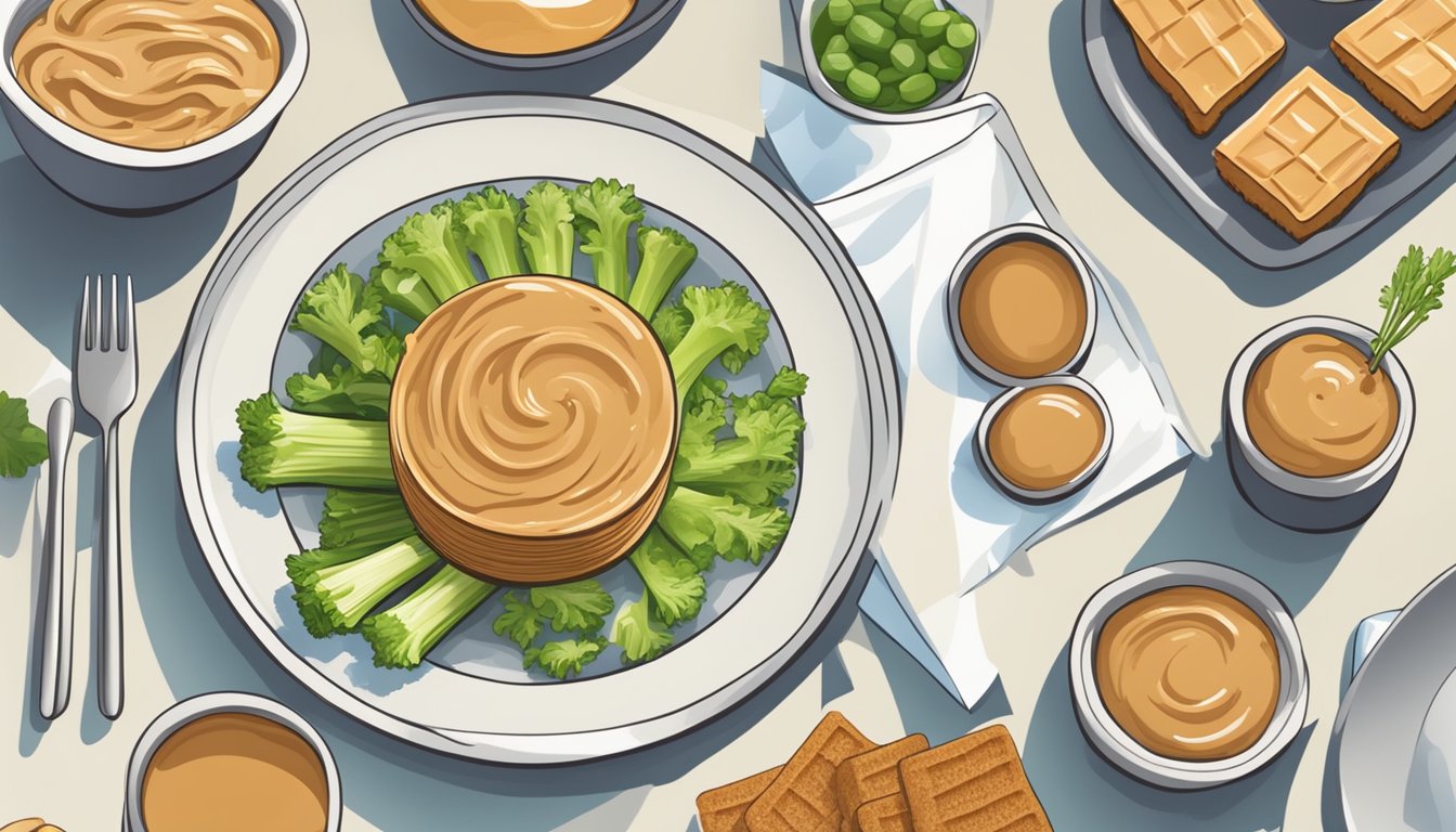 A plate with peanut butter and celery sticks, surrounded by various high-protein diabetic meal items