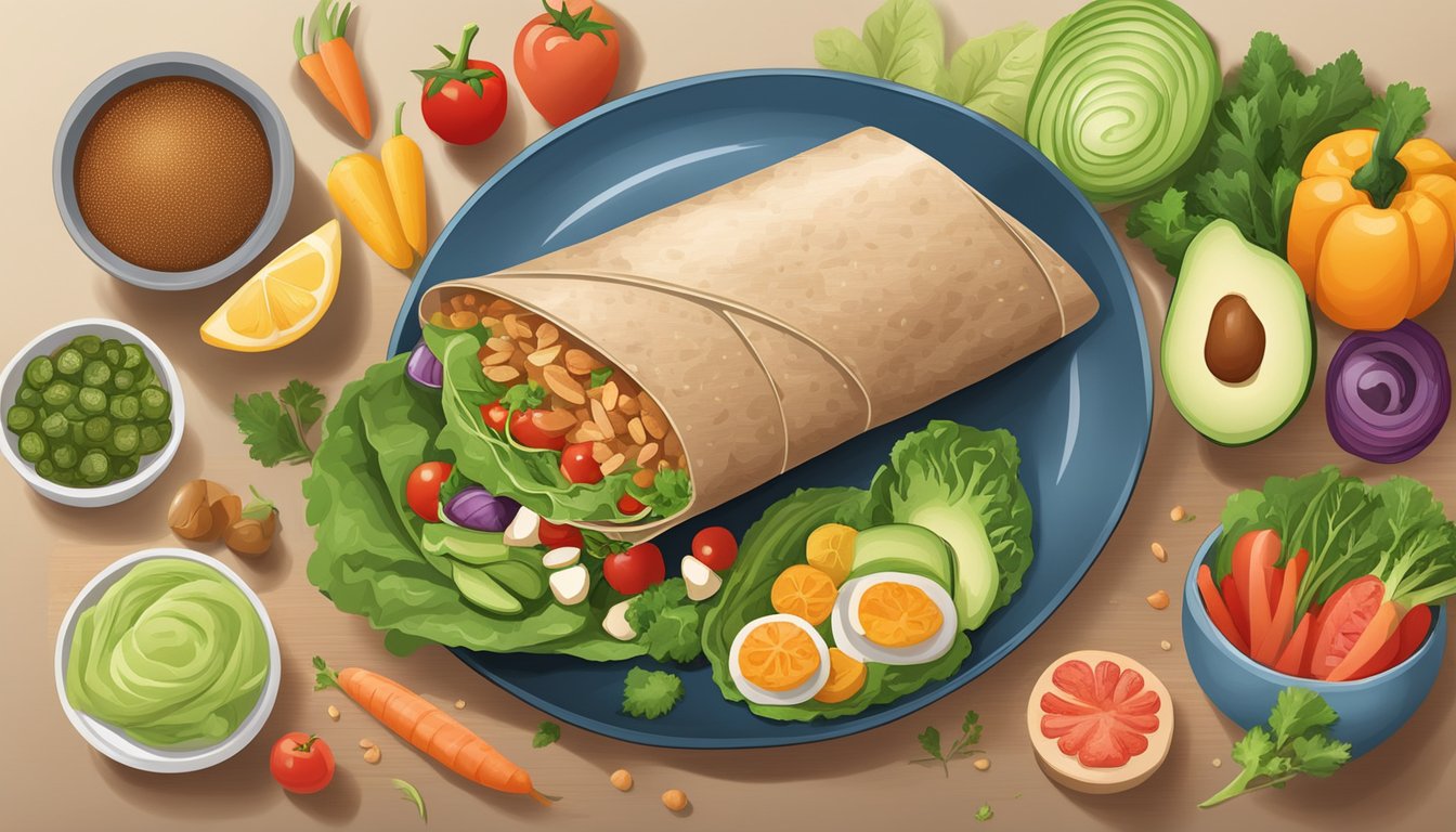 A colorful whole grain wrap filled with turkey and vegetables surrounded by fresh produce and a variety of insulin-sensitivity boosting foods