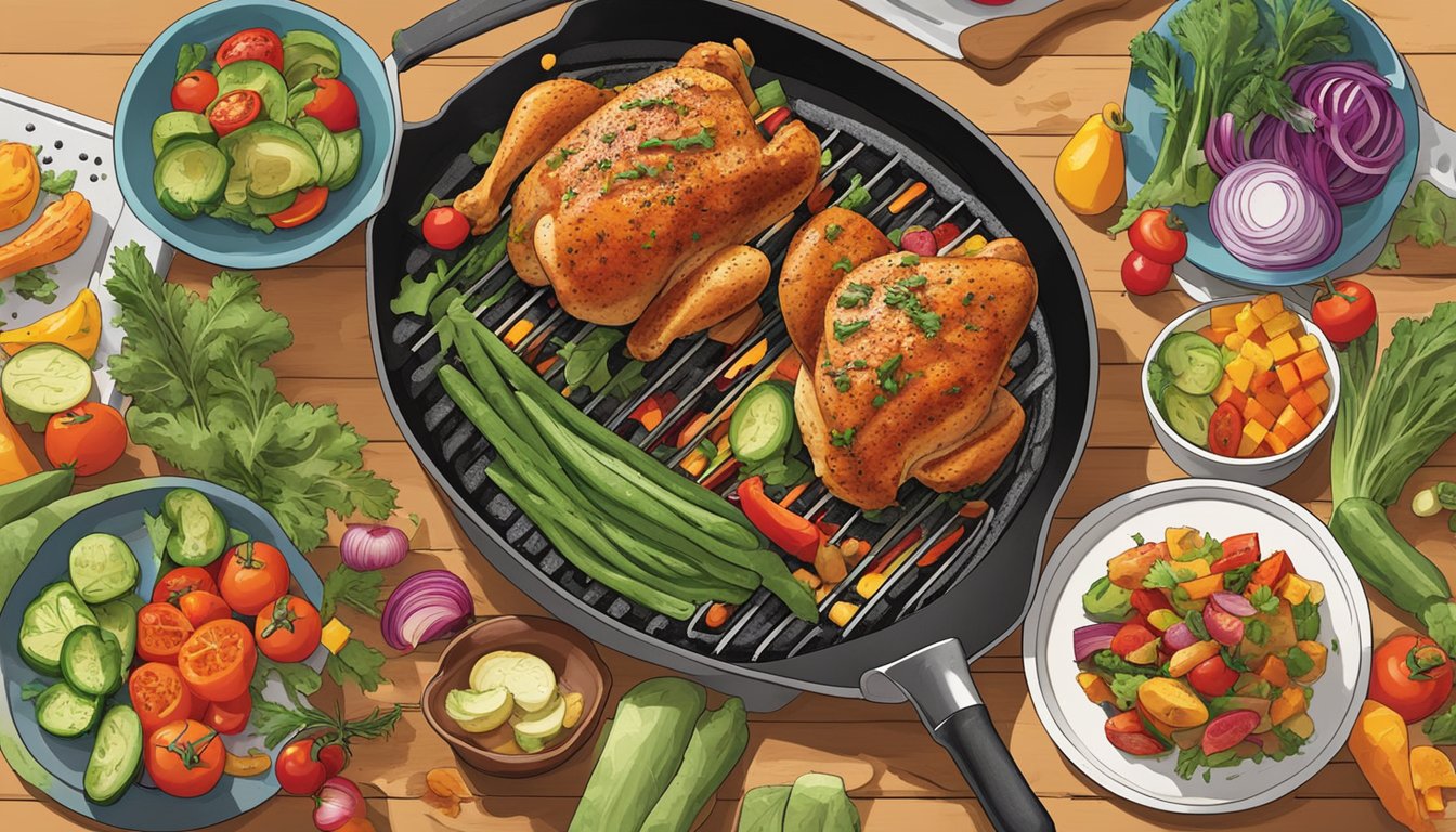 A sizzling grill with chicken and a colorful array of vegetables being tossed in a pan, surrounded by vibrant ingredients and a diabetic meal plan book