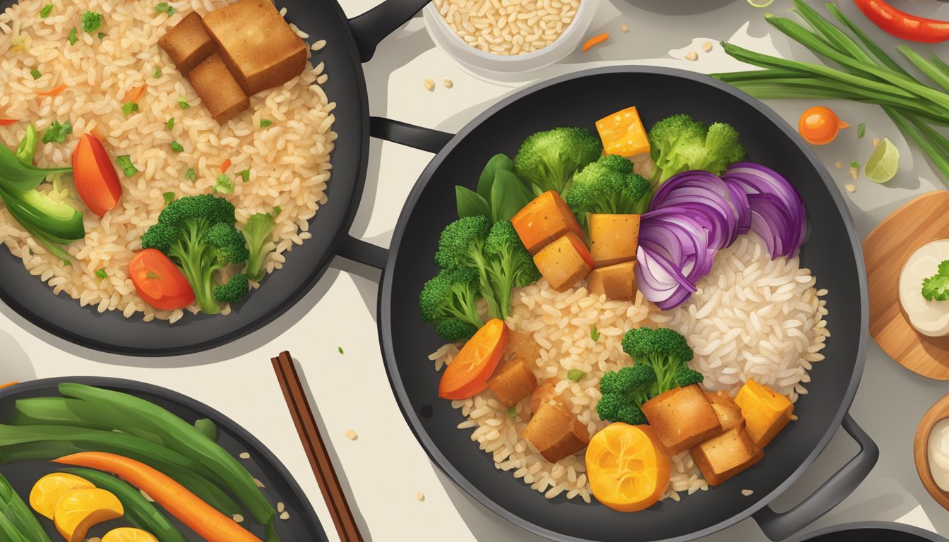 A sizzling stir-fry pan with brown rice, tofu, and colorful vegetables, emitting aromatic steam